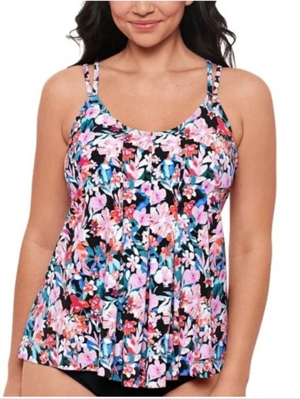 Swim Solutions Floral Tankini Top in Black, Pink, Blue